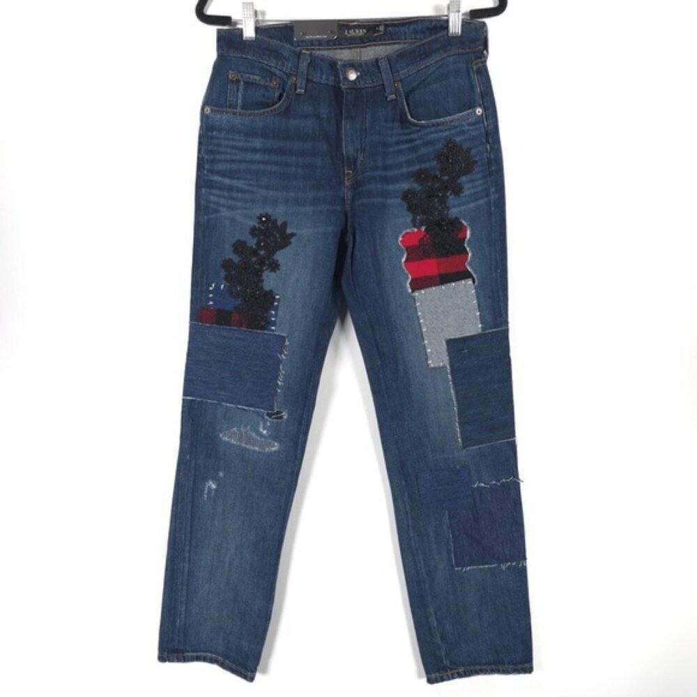 NWT LAUREN RALPH LAUREN Patchwork Relaxed Tapered Ankle Jeans Waist 27 Size 4